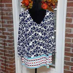 Kaari Blue Curvy navy white aqua red print v neck top 3/4 Sleeve 0X Worn 1 Time…